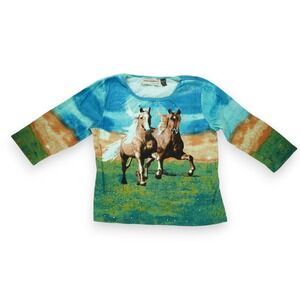 Vintage Bit & Bridle Y2K Women's Horses Bling Graphic 3/4 Sleeve Size Large